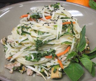 Stir-Fry Rice Noodle with Pork,  Shiitake, Tofu, Orange & Mint