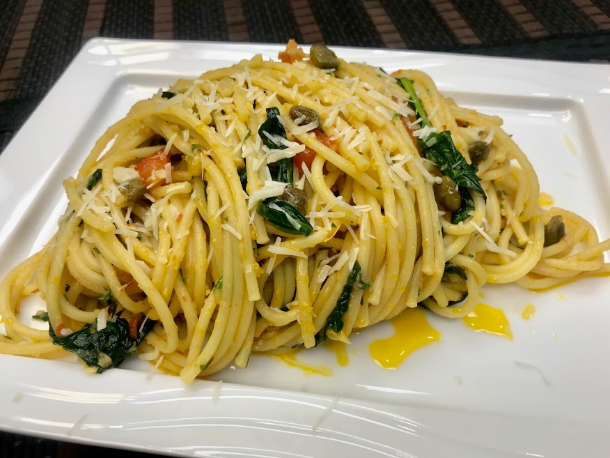 Spaghetti with Garlic, Capers, Tomatoes & Spinach